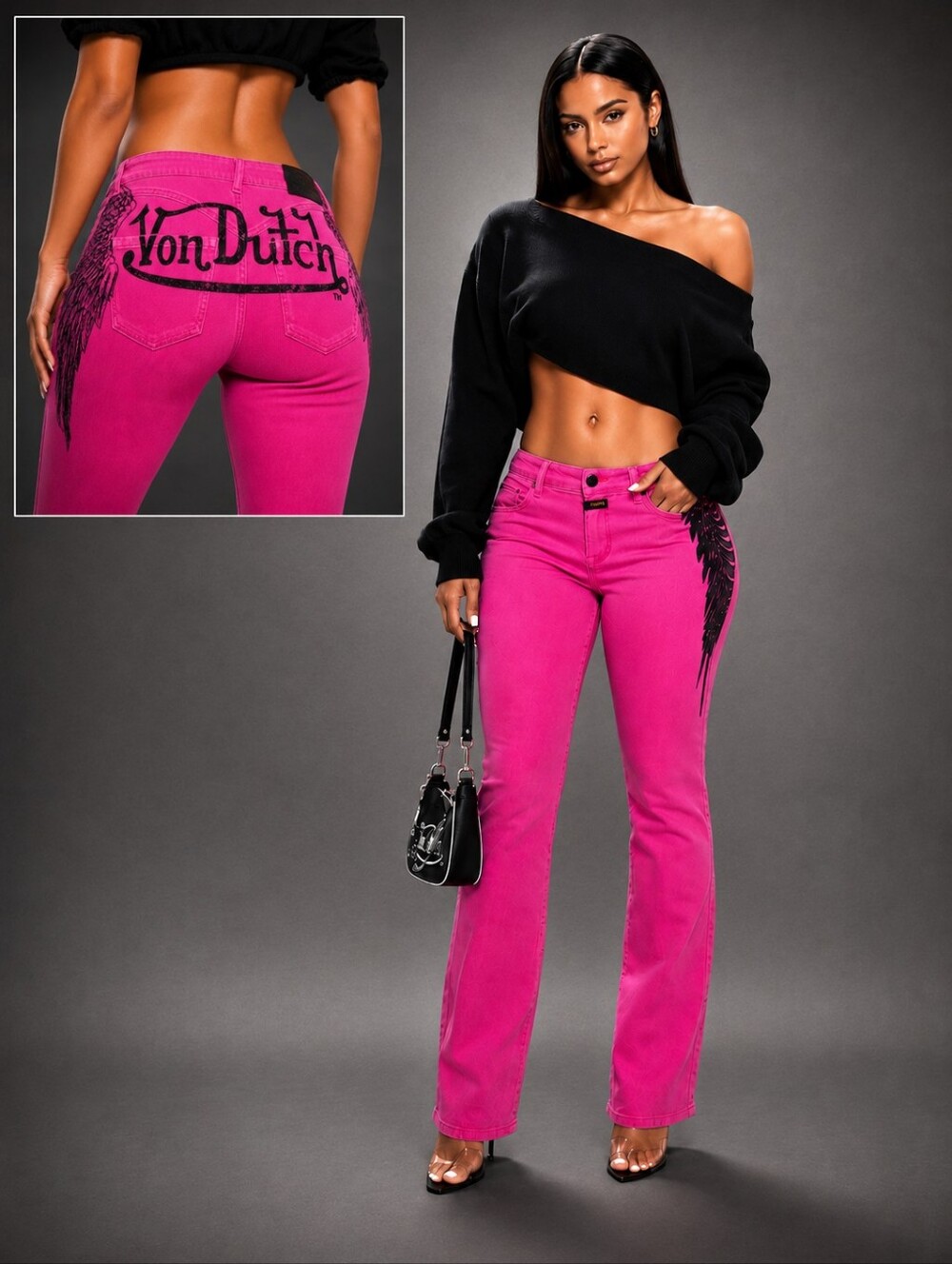 VON DUTCH Tattoo Wings Bootcut Jeans Size 9 Graphic Denim Y2K Flare PINK - Picture 9 of 9